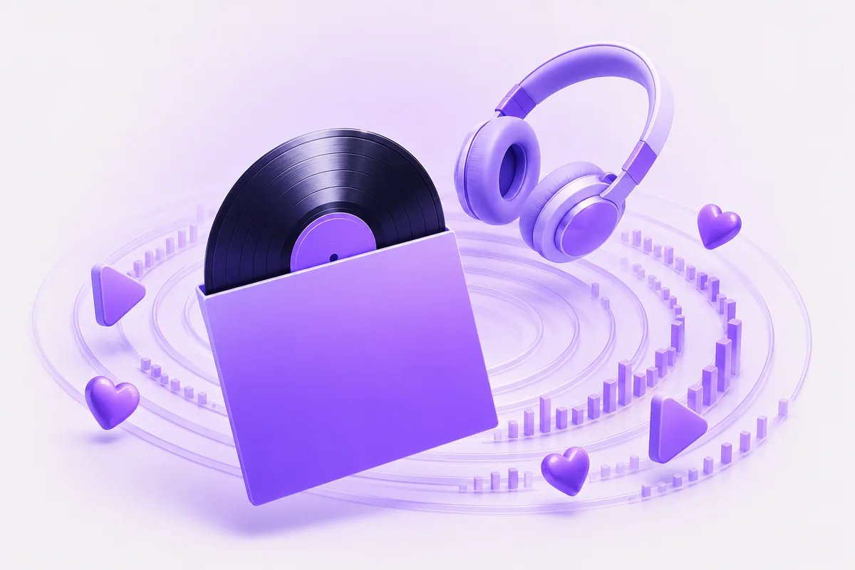 A 3D vinyl record with concentric soundwaves transforming into rising chart bars
