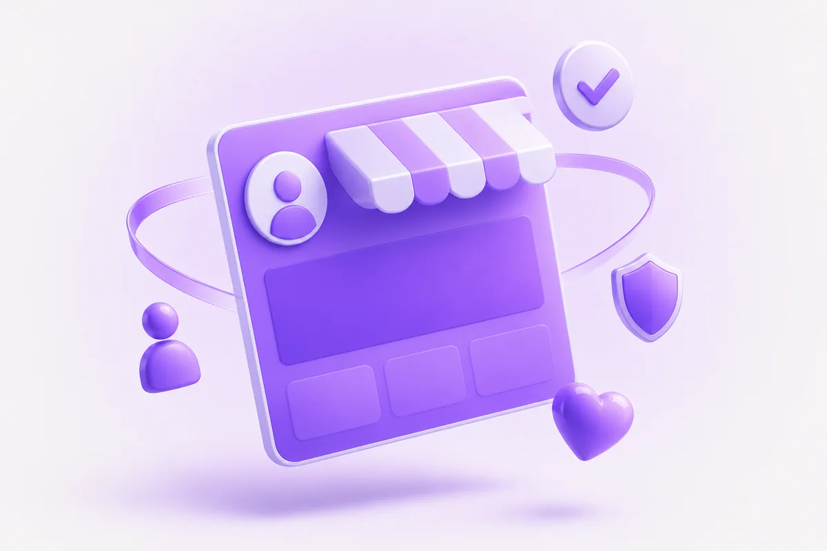 A floating profile card surrounded by orbiting trust badges and engagement tokens