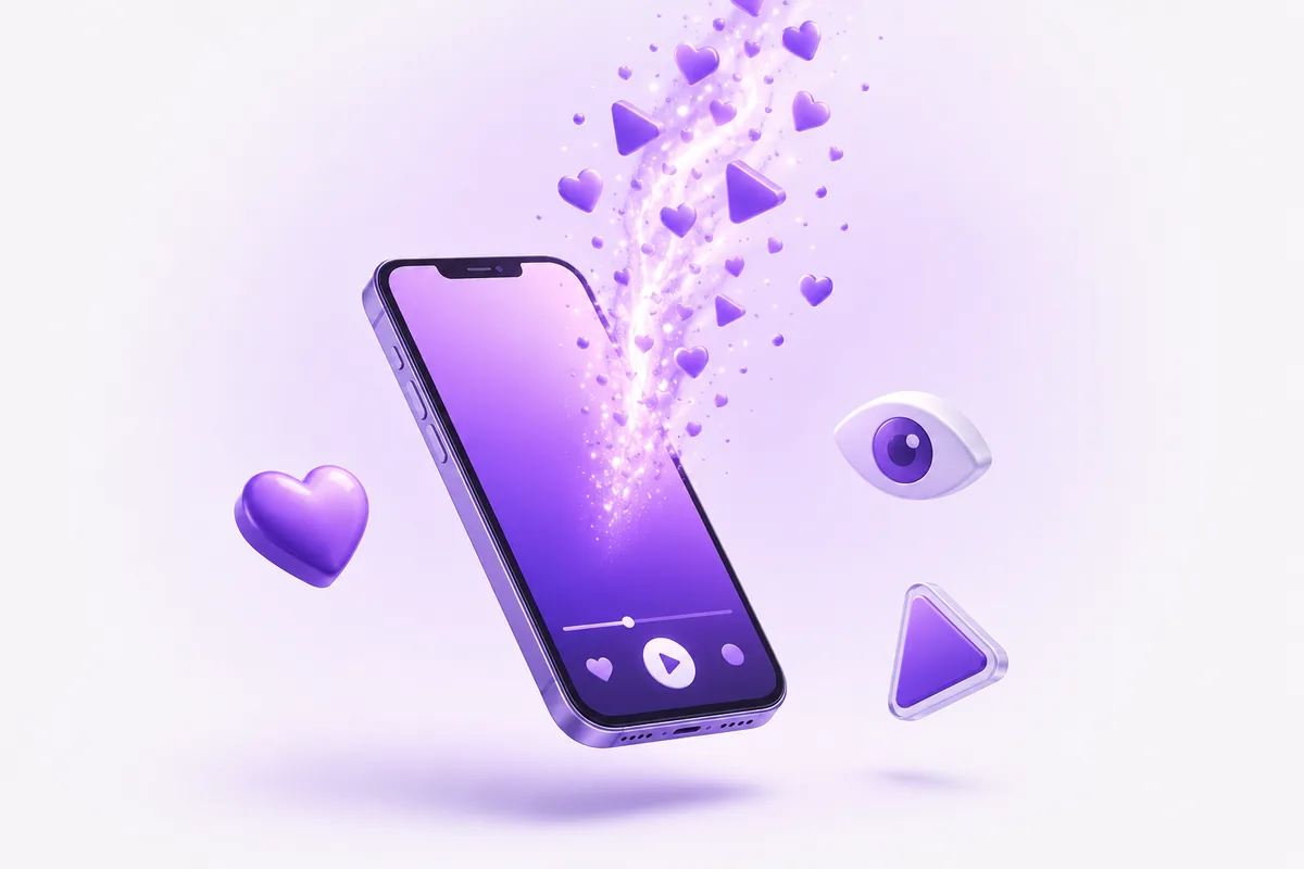 A glowing smartphone with hearts and play icons streaming upward, representing creator growth momentum