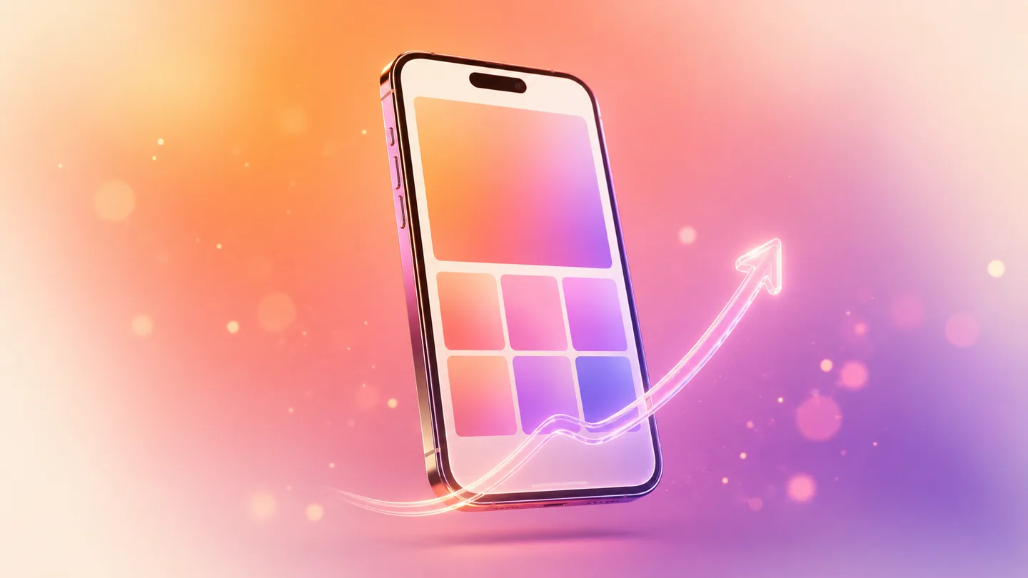 Instagram feed grid climbing a glowing growth curve on a floating phone