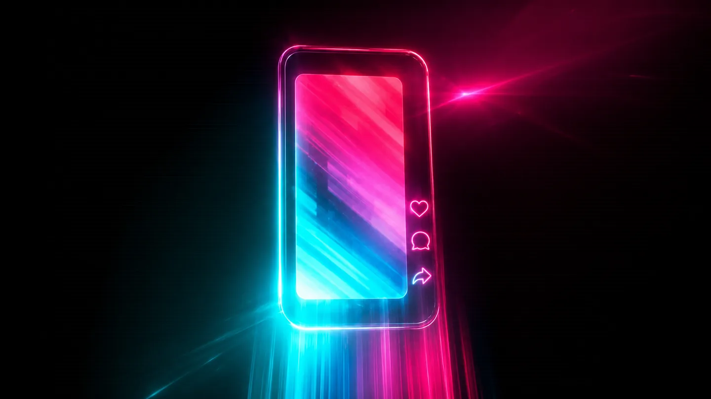 Neon TikTok video reacting with likes, comments and shares