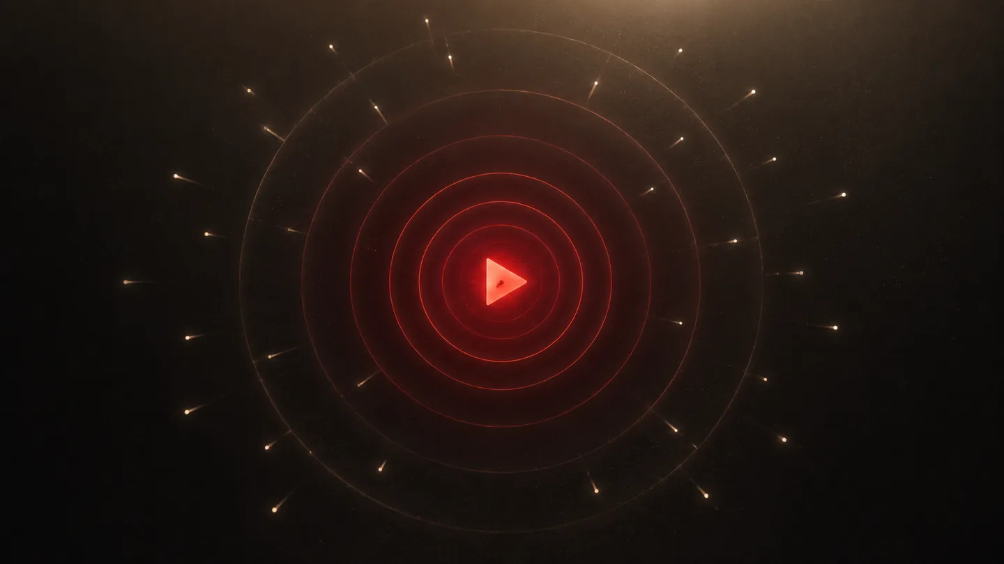 Red play button broadcasting outward in concentric rings