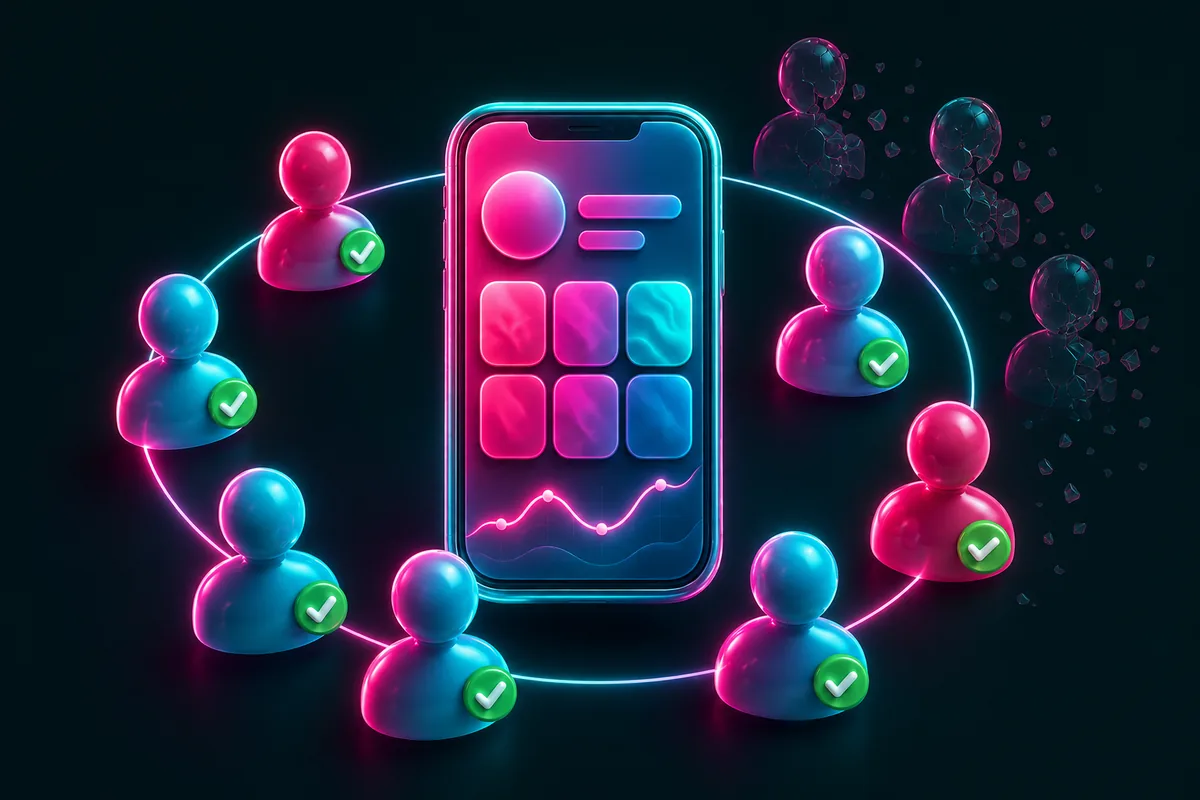 Real-looking follower accounts orbiting a phone, faded ghost bots dimming behind